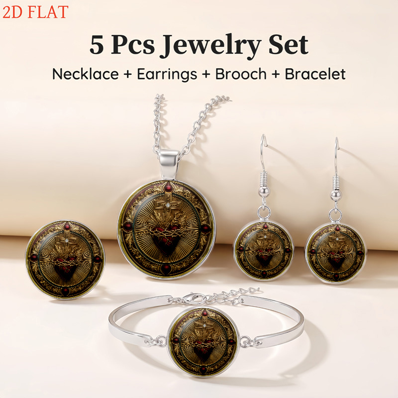 5pcs Women's Jewelry Set, Sacred Heart with Cross Pattern