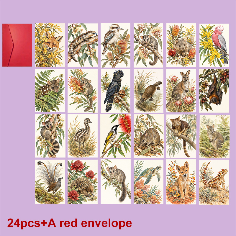 TEMU 24-pack+a Envelope Exquisite Festive Postcard Featuring Australian Wildlife With The Text Nature Suitable For Holiday Vintage Botanical Art