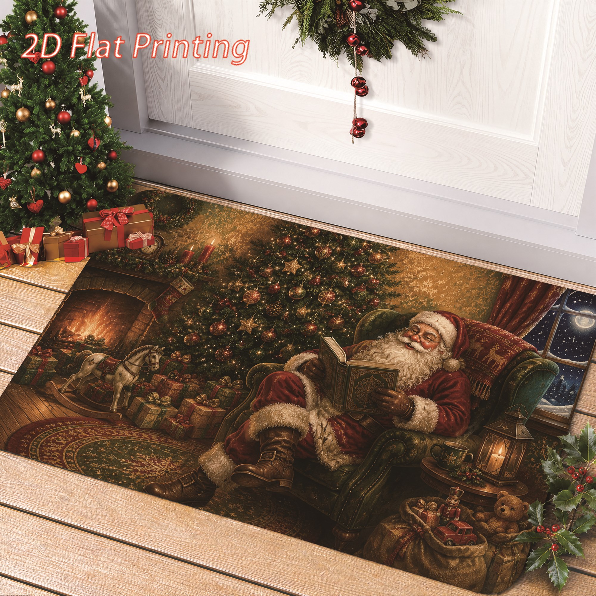 TEMU 1pc, 2d Flat Printing, Vintage Style Santa Claus Casual Christmas Scene Entrance Doormat | Non-slip/machine Washable/polyester | Suitable For