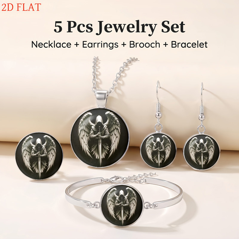 2d flat 2d flat 5pcs angel hooded figure with sword design womens necklace earrings brooch bracelet set light luxury and stylish womens jewelry round glass   exquisite gift for festivals and for  