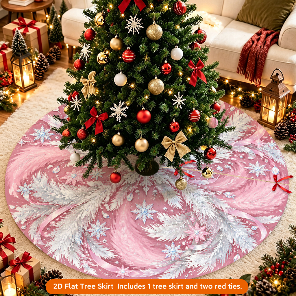 TEMU 1pc Christmas Tree Skirt, Pink Snowflake Design Holiday Printed Decorative Cover, Reusable, Suitable For Living Room, Bedroom, Office, Winter