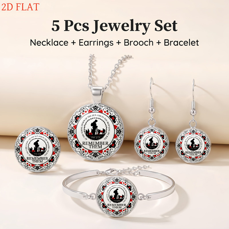 5pcs Remembrance-Themed Necklace, Earrings, Brooch & Bracelet Set