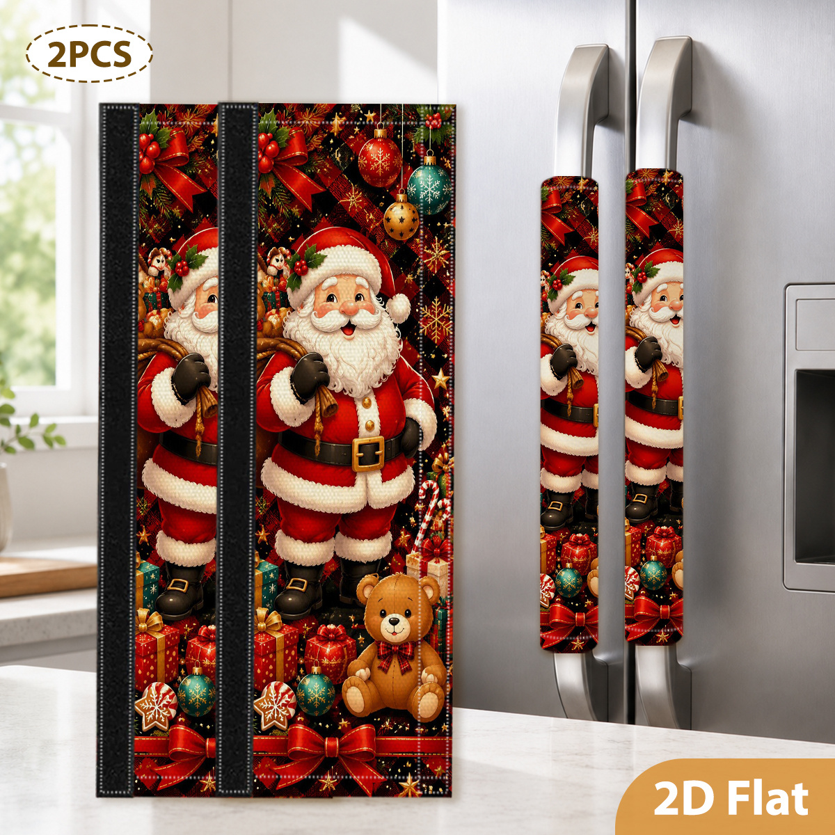 TEMU 2pcs Housses de poignée de réfrigérateur avec motif de Père Noël pour réfrigérateurs, micro-ondes et fours, housses en tissu décoratives