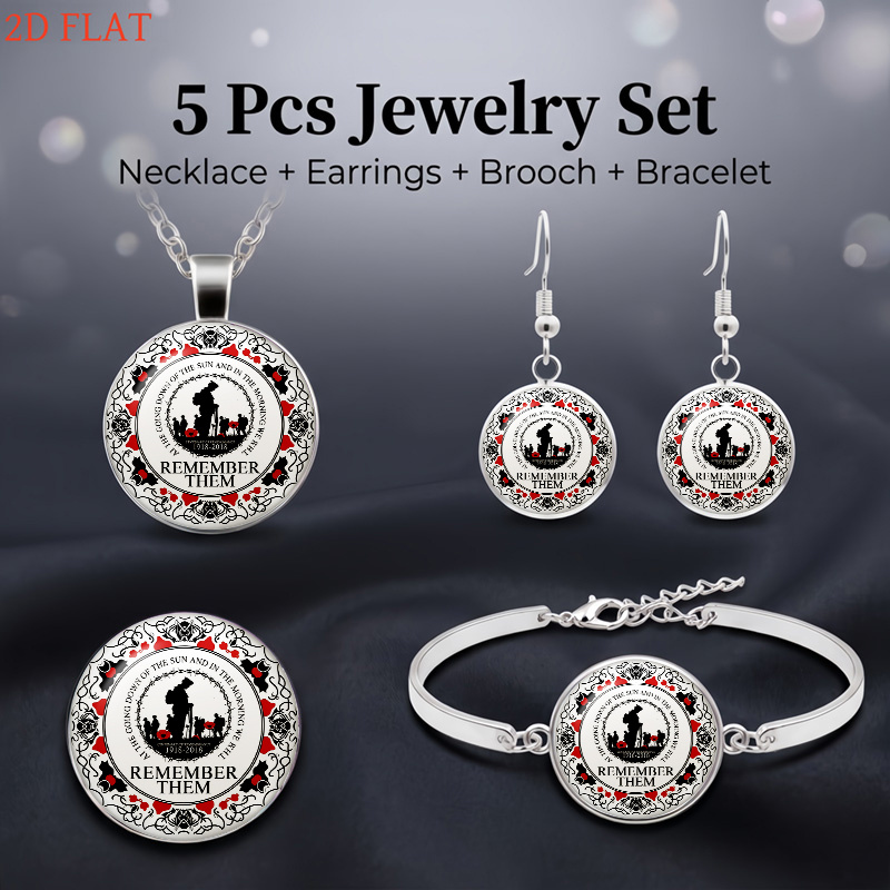 5pcs Remembrance-Themed Necklace, Earrings, Brooch & Bracelet Set