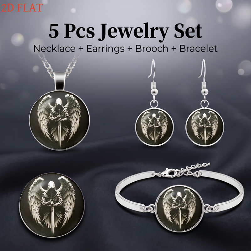 item picture 2d flat 2d flat 5pcs angel hooded figure with sword design womens necklace earrings brooch bracelet set light luxury and stylish womens jewelry round glass   exquisite gift for festivals and for  