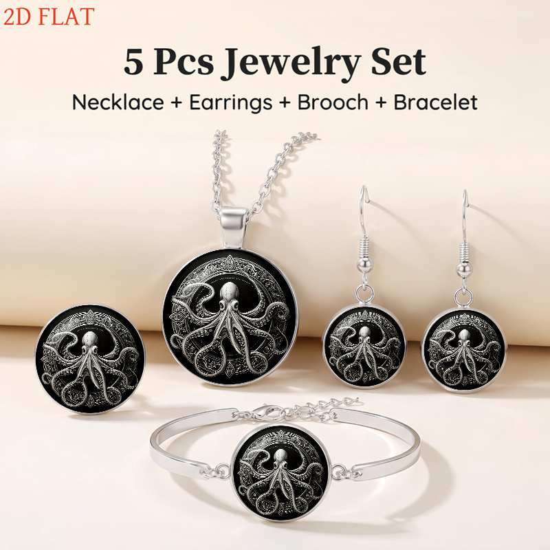Women's 5pcs Octopus-Themed Necklace, Earrings, Brooch, Bracelet Set