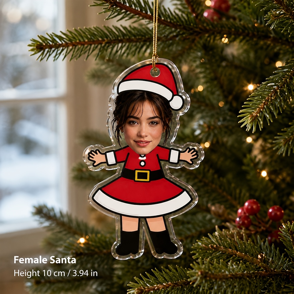 TEMU Custom Photo Christmas Tree Ornaments, Personalized Acrylic Santa Character Souvenirs, Red Festive Hanging Decorations, Suitable For Couples,