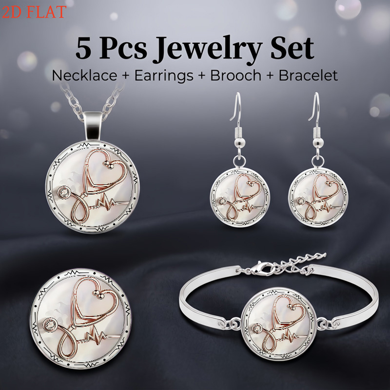 5pc Stethoscope & Heart Pattern Women's Jewelry Set