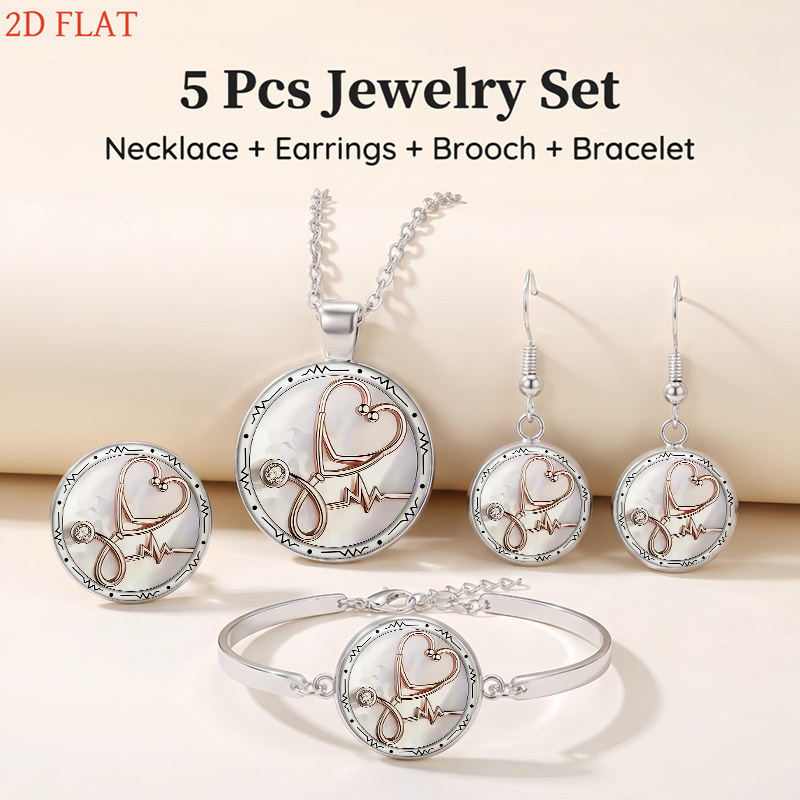 5pc Stethoscope & Heart Pattern Women's Jewelry Set