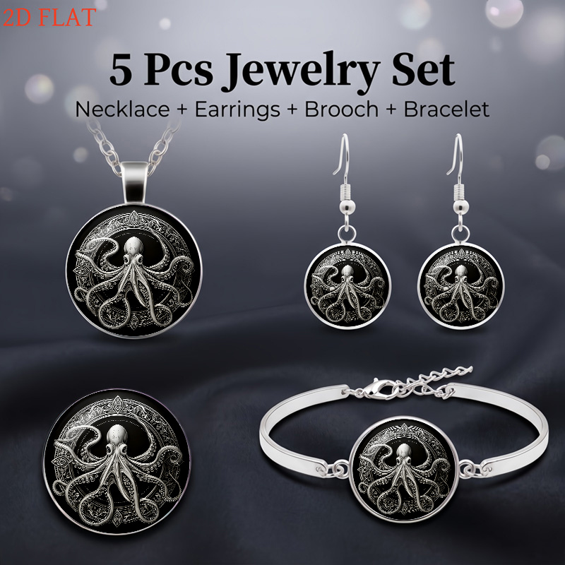 Women's 5pcs Octopus-Themed Necklace, Earrings, Brooch, Bracelet Set