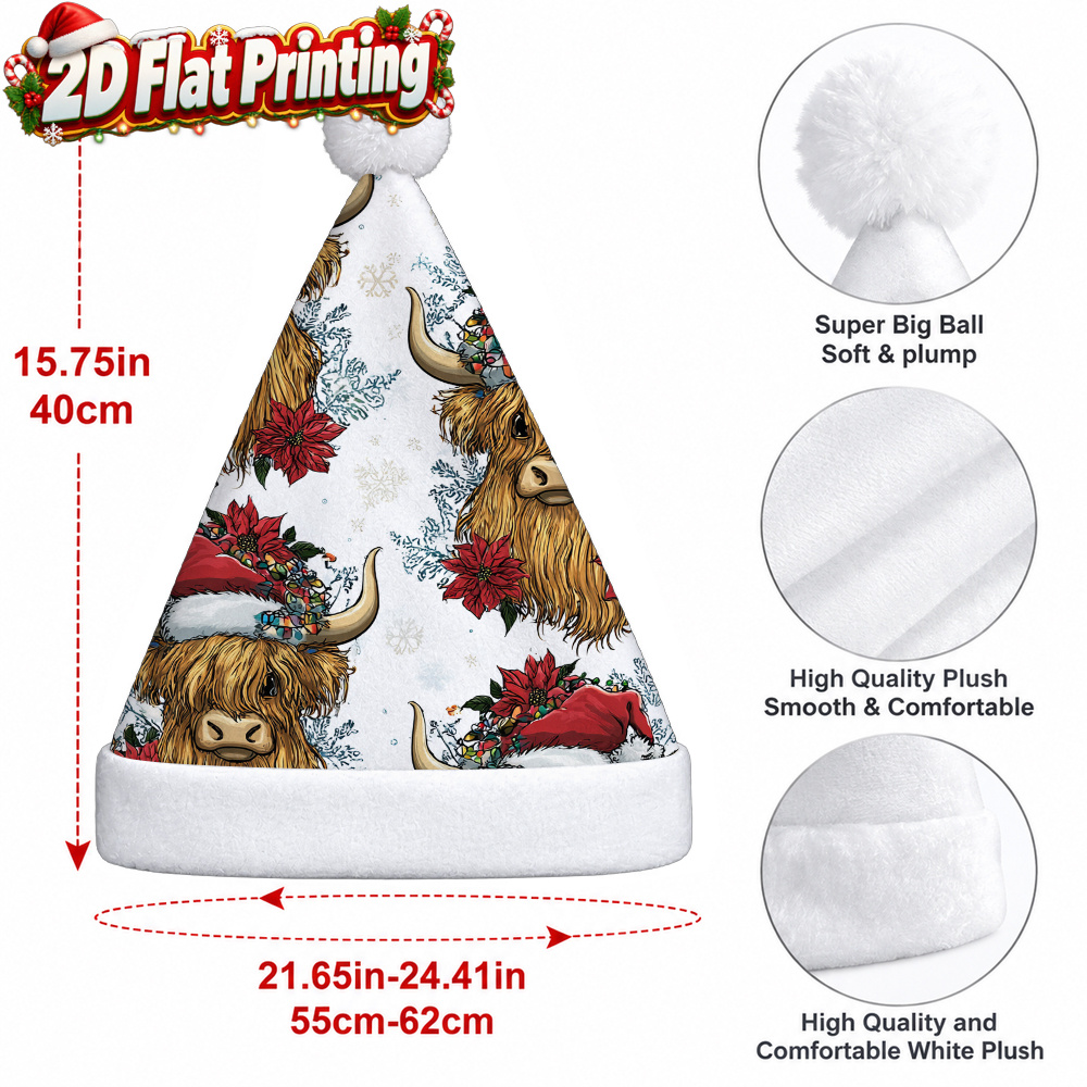 TEMU 1pc 2d Flat Christmas Highland Cow Snowflakes Flowers Printed Christmas , Santa Hat For Holiday Parties, Winter Headwear Accessory For Adults,