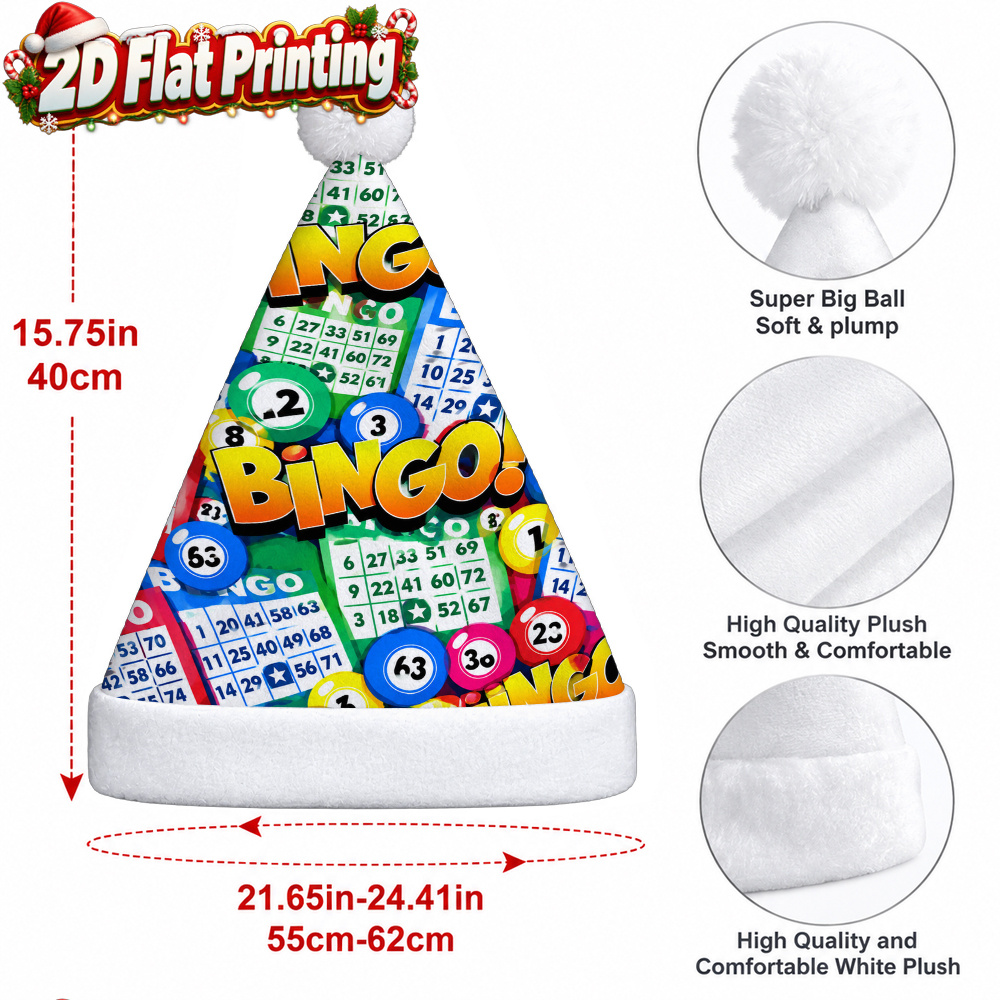 TEMU 1pc 2d Flat Colorful Bingo Game Cards Theme Pattern Santa Hat, Classic Printed Plush Cap, Cozy Christmas Headwear, Anniversary Gift, Perfect