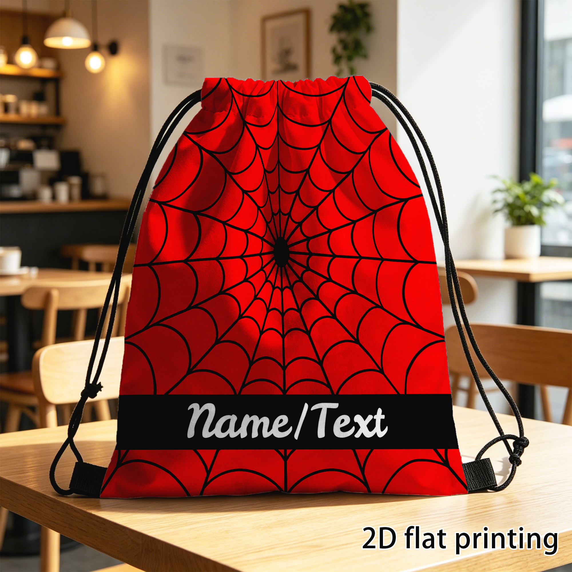 TEMU 1pc Personalized Name/text Drawstring Backpack - Gym Bag With Red Black Spider Web Print, Lightweight Sackpack Suitable For, Sports, Gifts,
