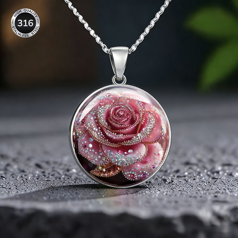 2D Flat Dreamy Pink Rose Pendant Necklace