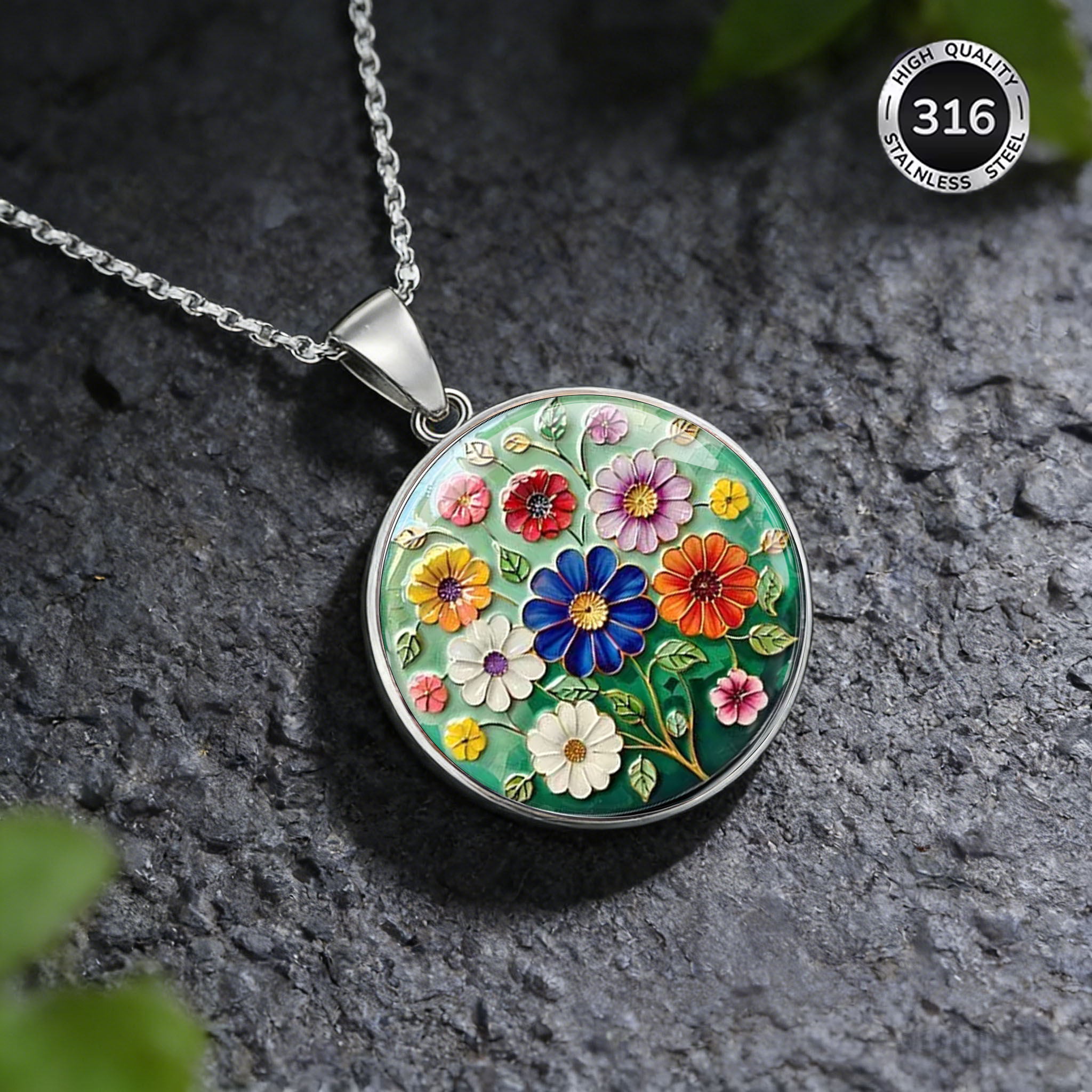 Enamel Floral Pattern Pendant Necklace, Chinese-Style Accessory