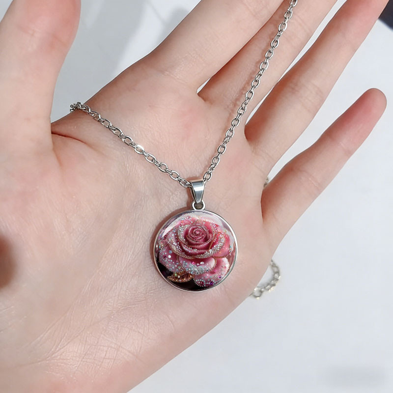 2D Flat Dreamy Pink Rose Pendant Necklace