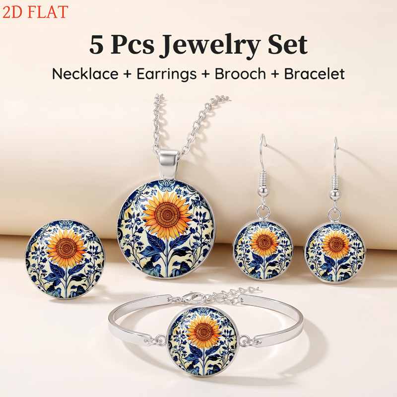 5pcs Sunflower Pattern Ladies' Jewellery Set, Elegant Gift