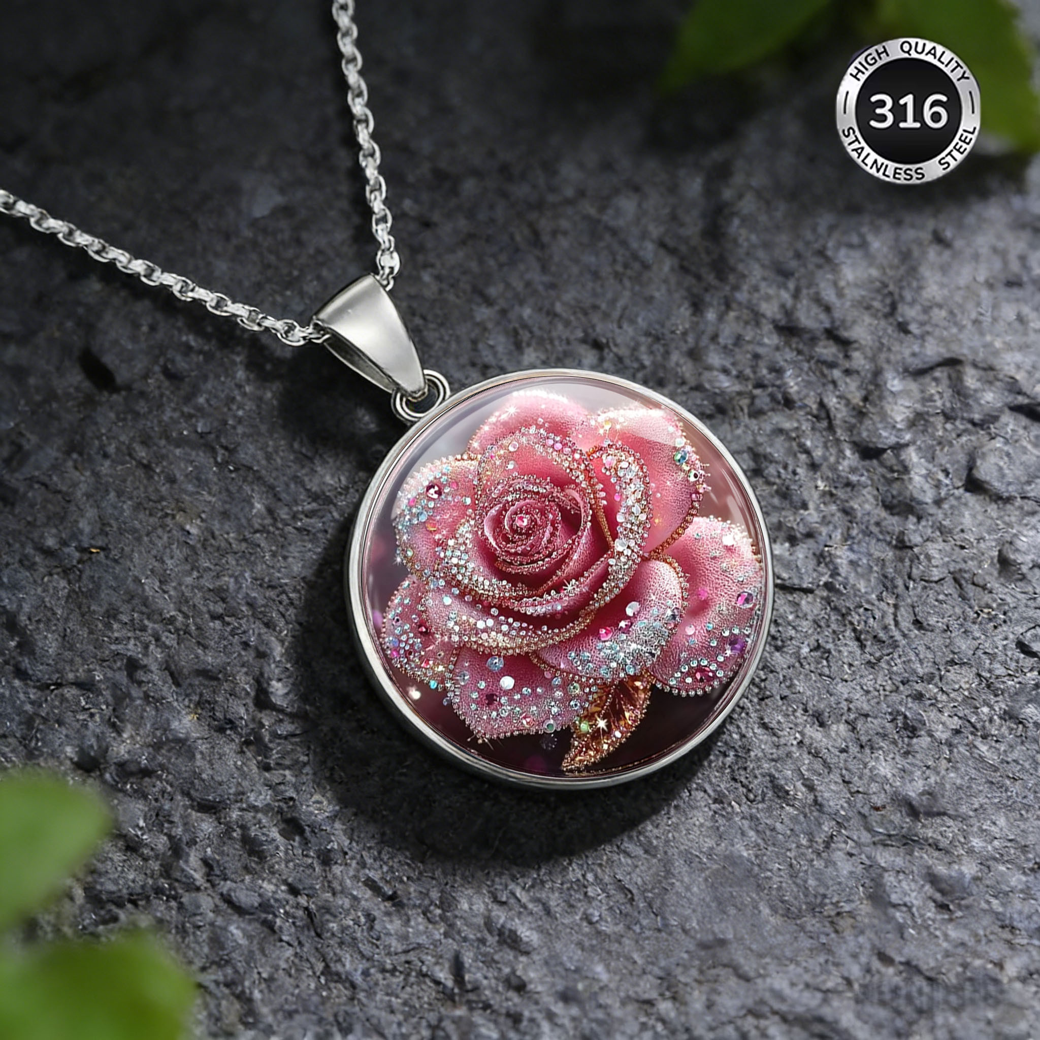 2D Flat Dreamy Pink Rose Pendant Necklace