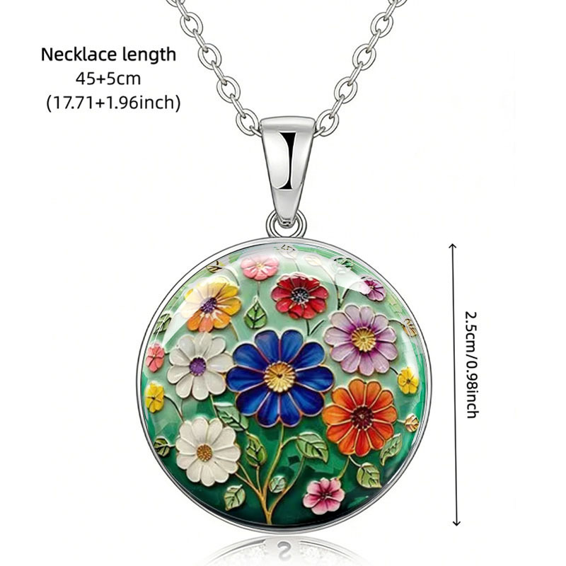 Enamel Floral Pattern Pendant Necklace, Chinese-Style Accessory