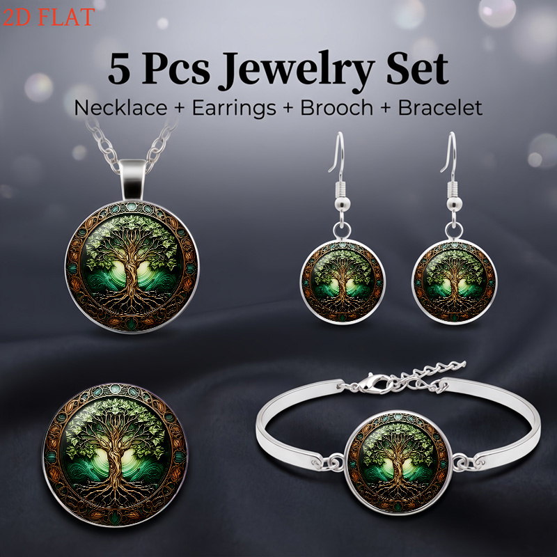 5pc Tree-Themed Necklace, Earrings, Brooch & Bracelet Set
