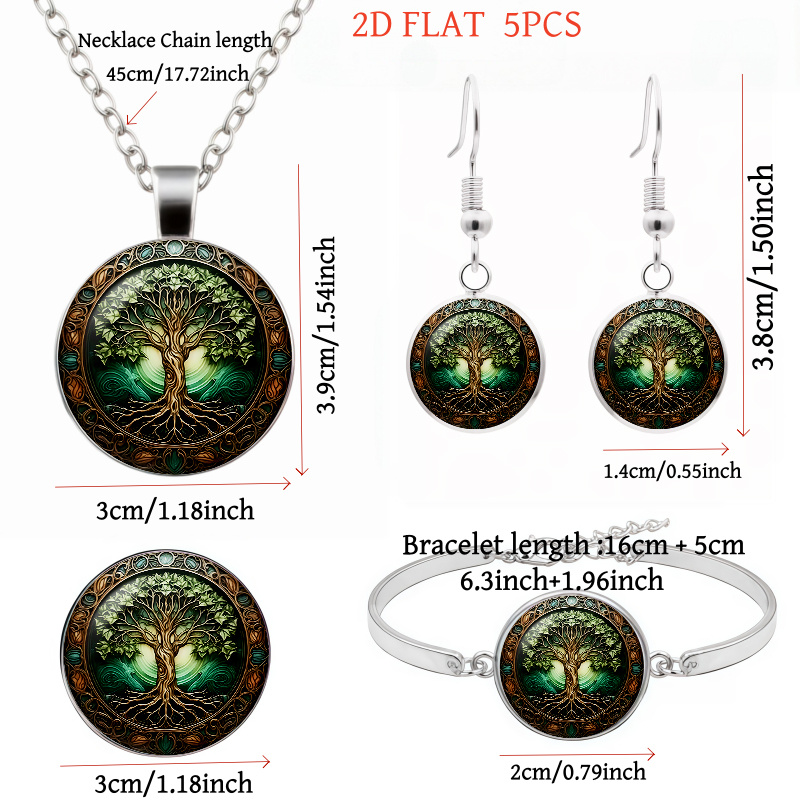 5pc Tree-Themed Necklace, Earrings, Brooch & Bracelet Set