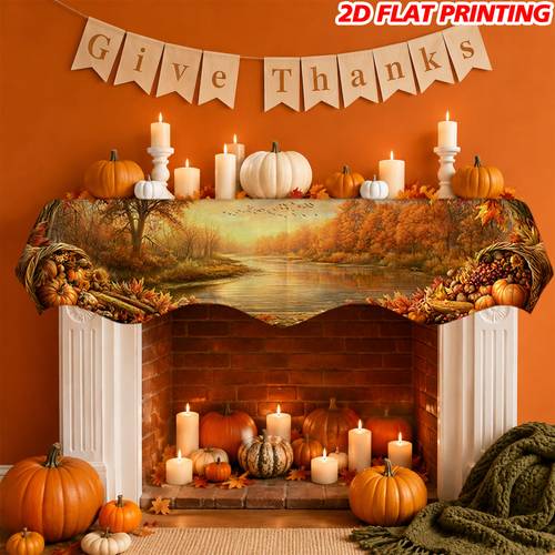 herbstlicher kaminverkleidungs-schmuck im stil, . 2d-flachdruck, thanksgiving-herbst-ernte- mit goldenem weizenernte-schal, für schränke, tv-stände, herbstliche saisonale , thanksgiving- -dekoration, 2d-flach