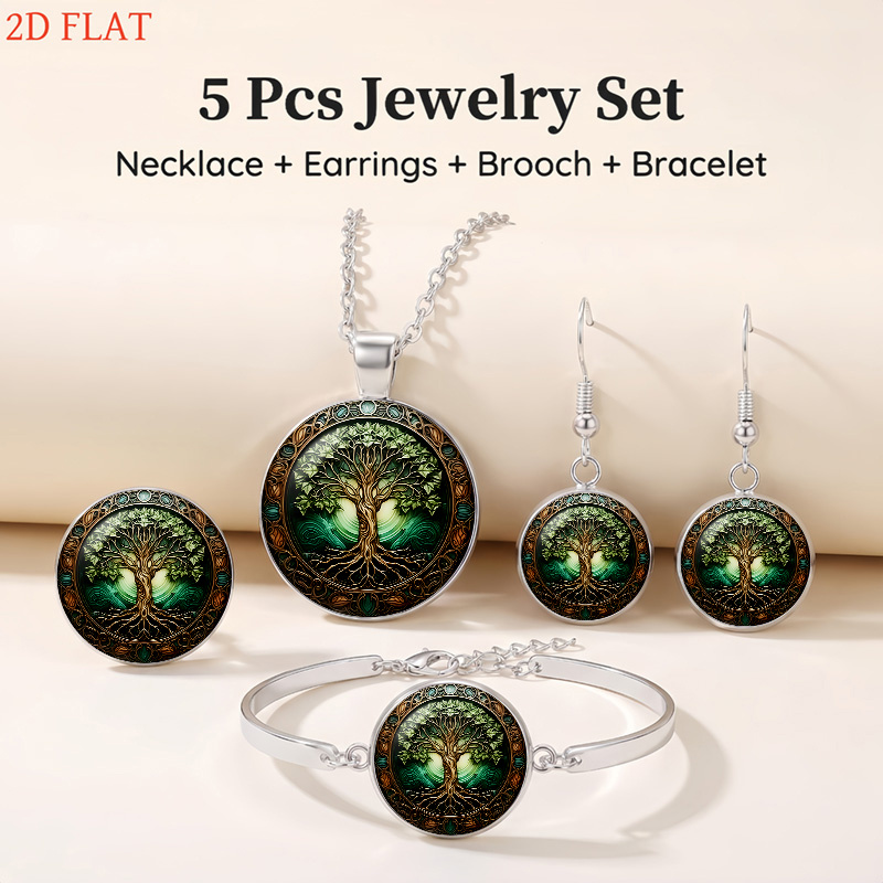 5pc Tree-Themed Necklace, Earrings, Brooch & Bracelet Set
