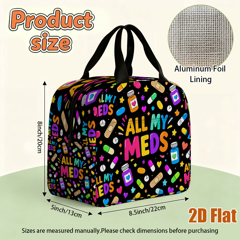 TEMU 2d Flat, 1pc Meds Pattern Insulated Lunch Bag, Portable Reusable Cooler Tote, (non-food Contact) Decorative For Home, Restaurant & Office Use,