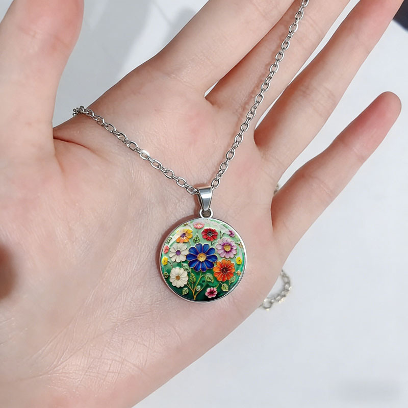 Enamel Floral Pattern Pendant Necklace, Chinese-Style Accessory