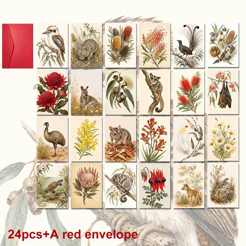 TEMU 24-pack+a Red Envelope Exquisite Botanical Holiday Postcard, Australian Wildlife And Illustration With For , Seasonal Celebration Vintage