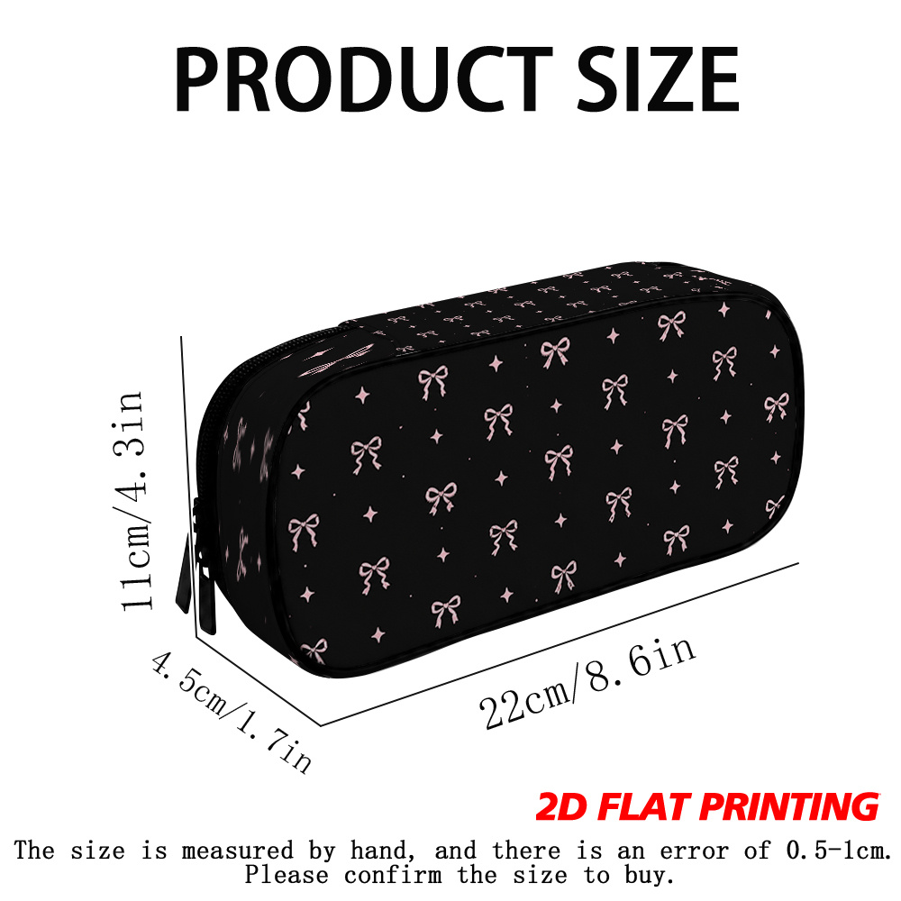 TEMU 1pc 2d Flat Zipper Compartment Portable Pencil Case With Pink Bows And Stars Black Background Print, Multi-functional Stationery Organizer For