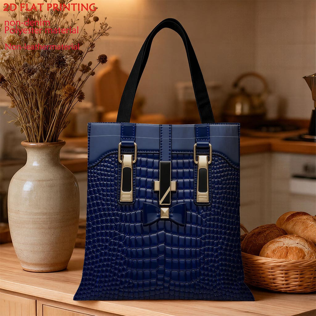 TEMU A Dark Blue Textured Handbag With Metal Detail, Printed Women's Tote Bag, Handbag With Sturdy Shoulder Strap And Smooth Design, Fashionable