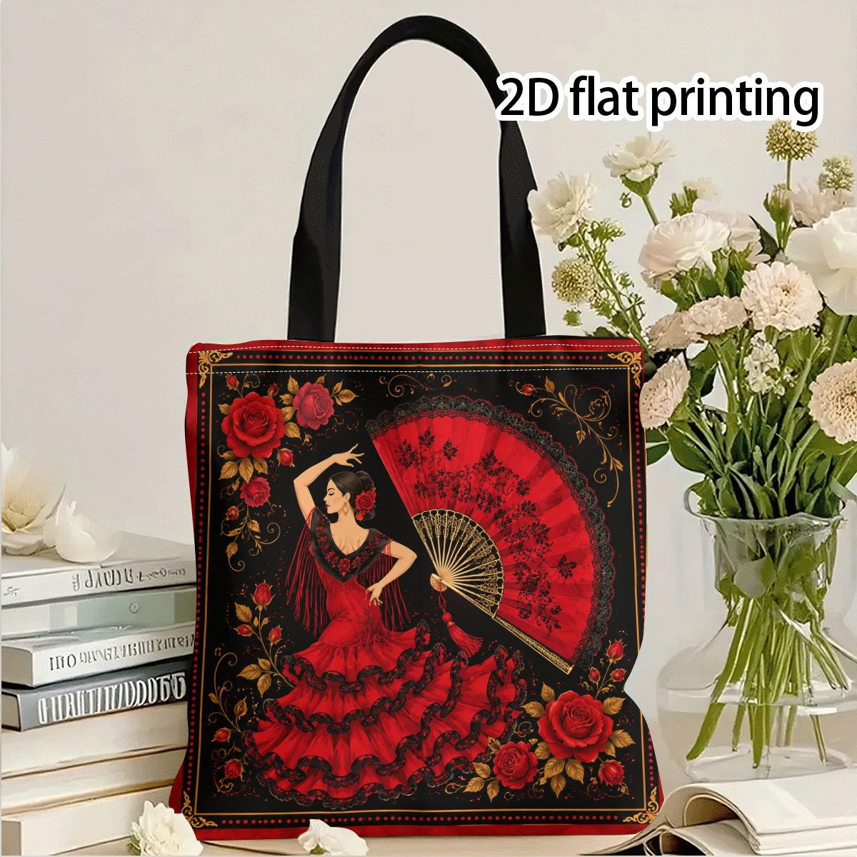 TEMU Bolso Tote con Diseño de Bufanda Cuadrada con de Bailarina Flamenco, Estampado , Bolso de Colorido Adecuado para Compras al , Diseño Divertido