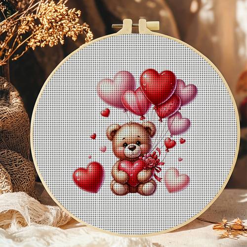 item picture 1pc round cross stitch printed kit with hoop teddy bear hugging red heart balloon pattern ideal for beginners relaxing crafting the full from leisure to stress relief and sense of accomplishment