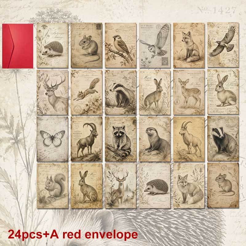TEMU 24-pack+a Red Envelope Vintage Aesthetic Woodland Animal Postcard Set For Holiday Greeting Featuring Forest Creatures Notes For Rustic Retro