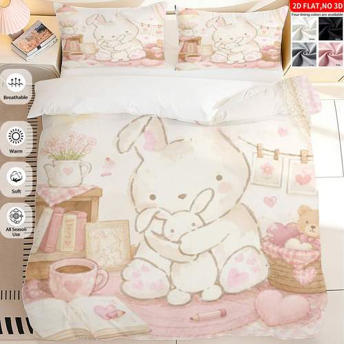 item picture 2 3pcs 2d flat printing rabbit hugging bunny quilt cover bedding four lining colors are bedroom decor 2026 duvet cover 1 2 pillowcases without core 2d flat