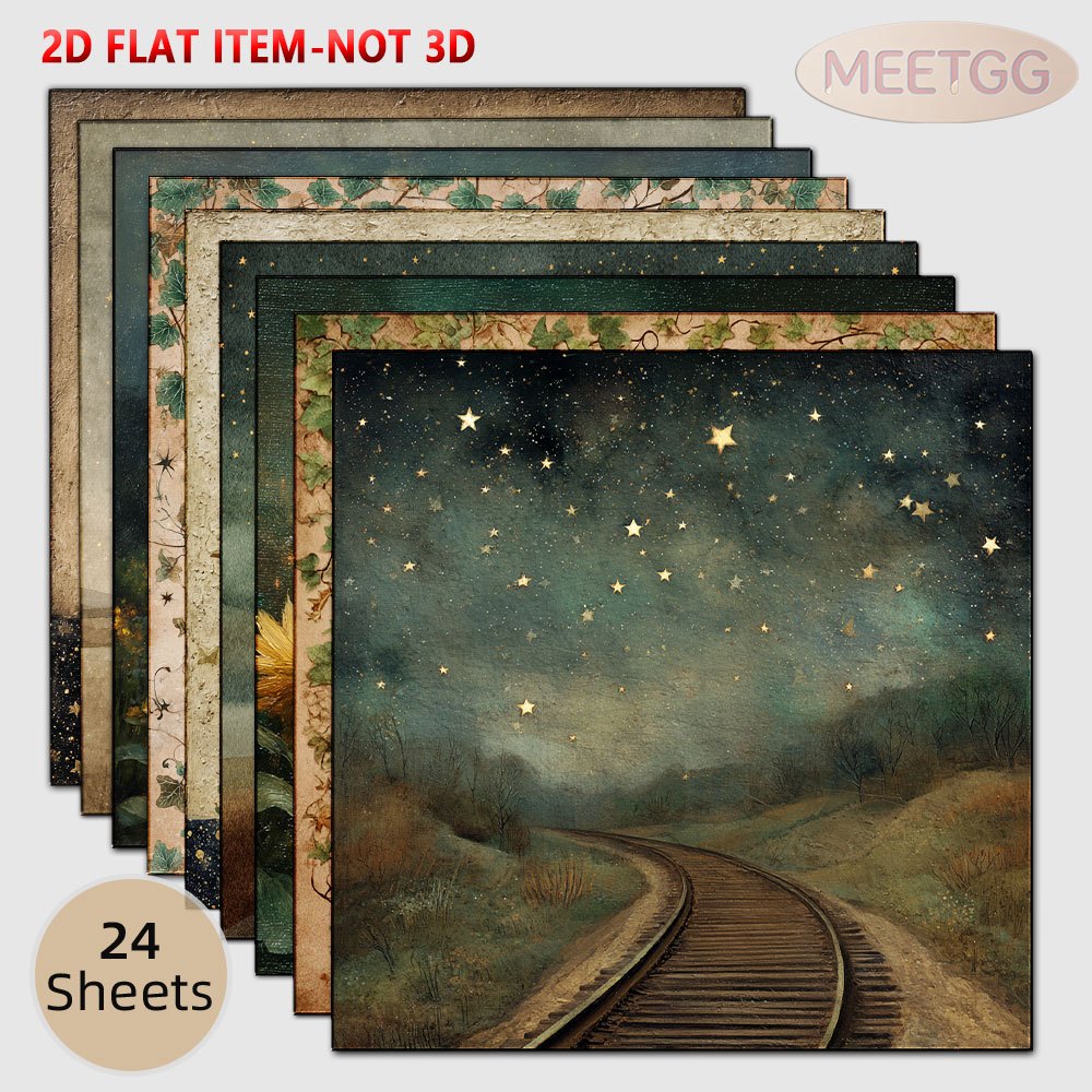 TEMU 2d Flat 24 Sheets Non-repeating Mini 6x6 Inch Retro Starry Sky Landscape Paper Distressed Ivy Tree Plant Illustration Cutout Thin Paper Junk