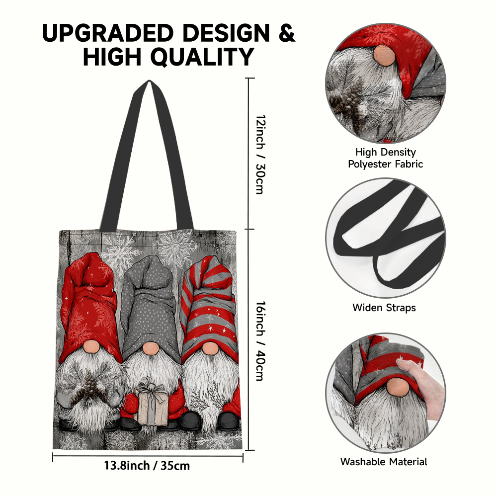 TEMU 1pc Women' Christmas Gnomes & Snowflakes Tote Bag - Durable Suitable For Shopping, Beach Travel, Work, Machine Washable Shoulder Bag With Gnome