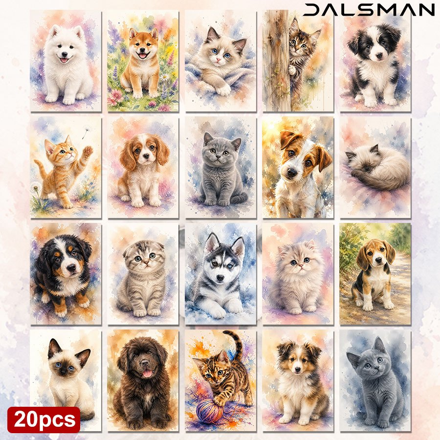 TEMU 20-pack Watercolor Puppy And Kitten Postcards Set Cute Animal Art Prints For Pet Lovers Greeting Cards For Stationery Collection For Home Decor