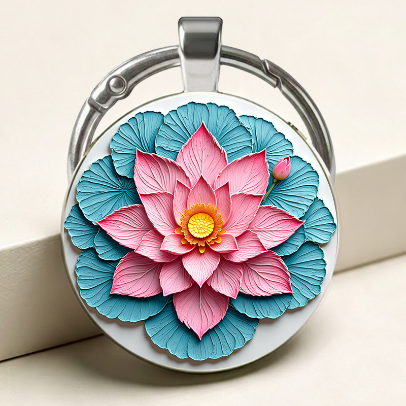 Fresh Pastoral Style Cross-Stitch Lotus Pattern Key Chain