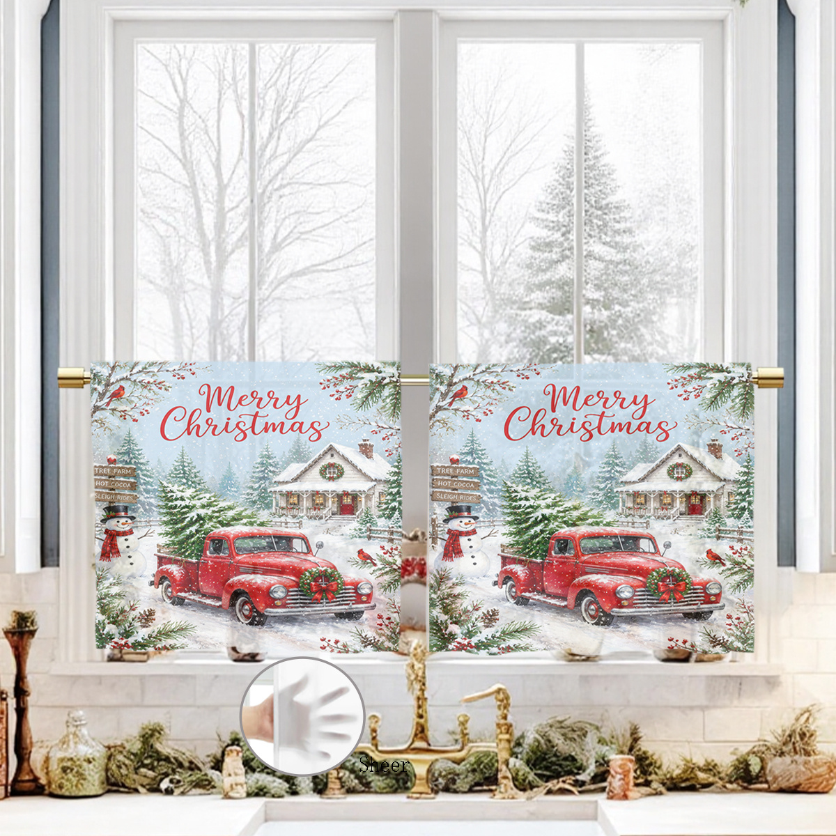 item picture 2d flat 2d flat 2d flat 2pcs semi transparent sheer curtains christmas   truck snowman cottage snowy american countryside illustration bathroom kitchen bedroom small window curtains lightweight translucent short curtains