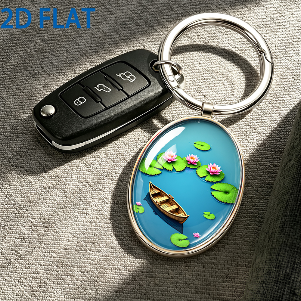 Cartoon Style Tranquil Pond Keychain, Floating Boat Design