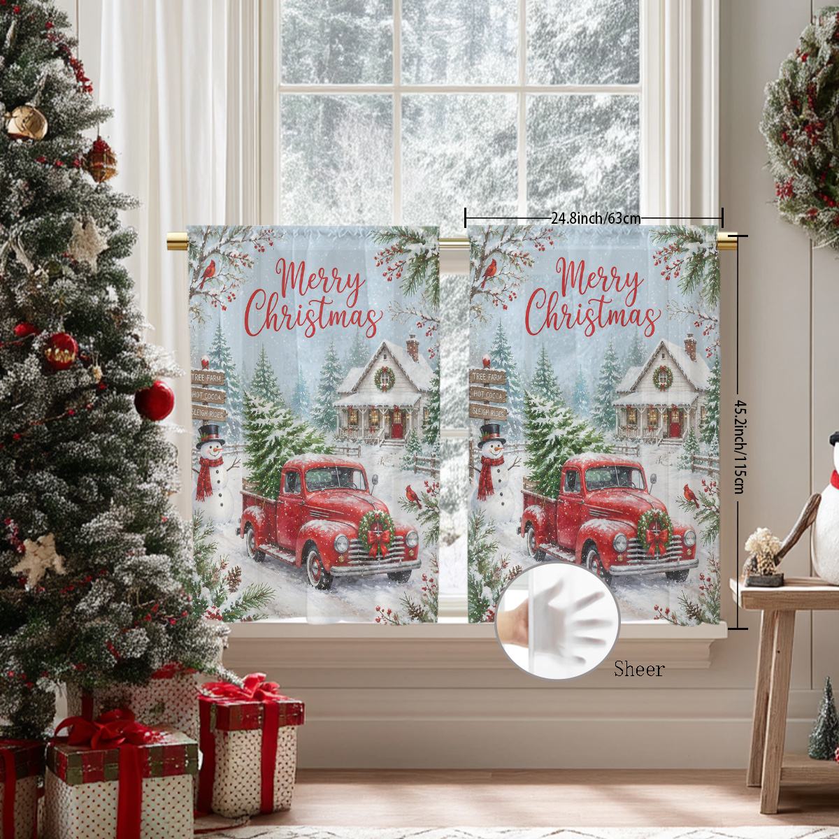 2d flat 2d flat 2d flat 2pcs semi transparent sheer curtains christmas   truck snowman cottage snowy american countryside illustration bathroom kitchen bedroom small window curtains lightweight translucent short curtains