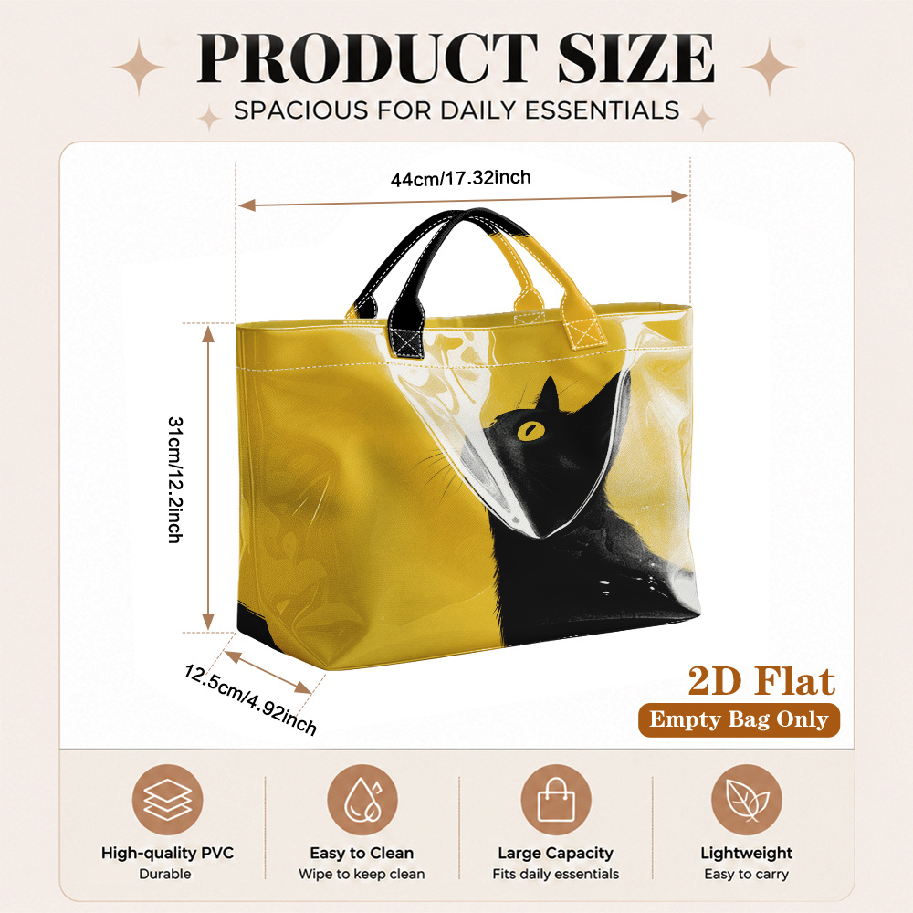 TEMU 1pc Reusable Grocery Bags, 2d Flat Black Cat Yellow Background Pattern Elegant Glossy Pvc Tote Bag, Large Capacity Versatile Handbag, Stylish