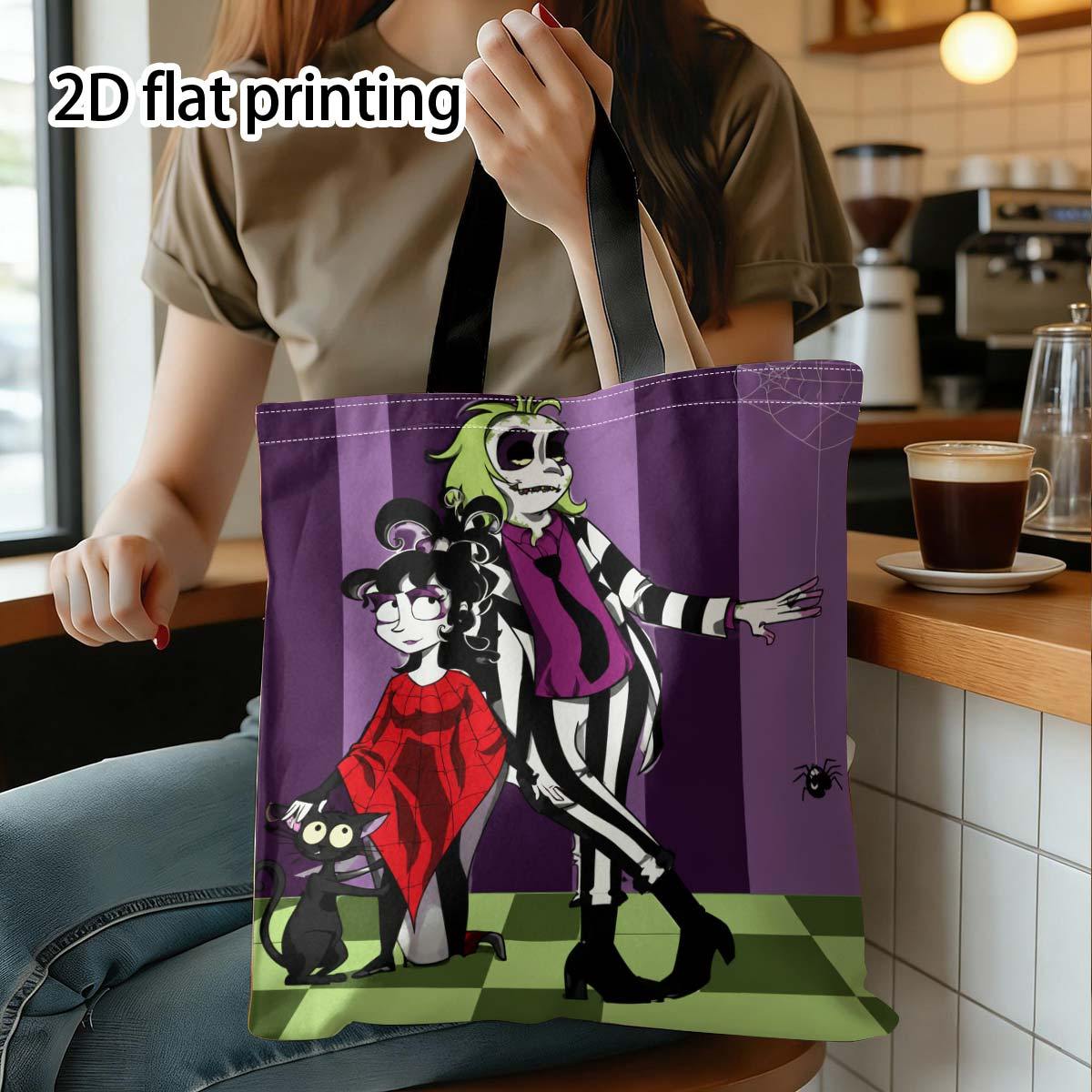 TEMU Unisex Zombie Bride Tote Bag Suitable For Outdoor, Shopping, Gifts - Durable Shoulder Bag With Straps, Cute Black & White Striped Character
