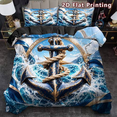 öğe resmi 3 parça 2d düz denizci çapa nevresim takımı, vintage kıyı baskı, nefes alabilen polyester, tüm mevsimler i̇çin, makinede yıkanabilir, dijital baskı i̇şçiliği, yatak örtüsü dolgusuz (1 nevresim + 2 yastık kılıfı, i̇ç dolgu ve yorgan yok), 2d düz
