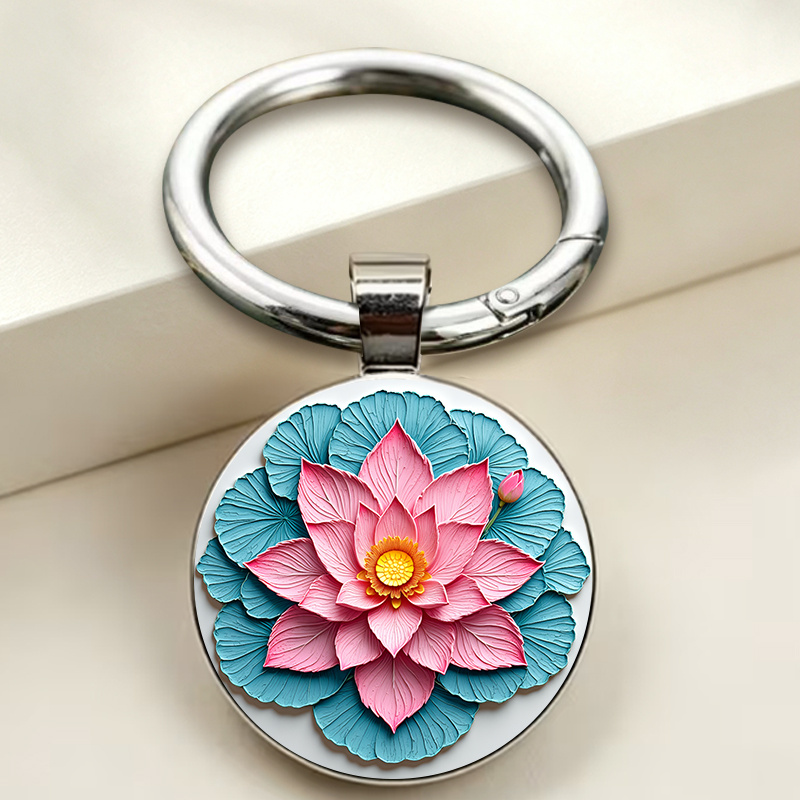 Fresh Pastoral Style Cross-Stitch Lotus Pattern Key Chain