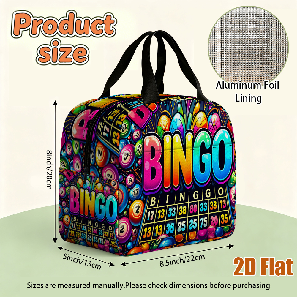 TEMU 2d Flat, 1pc Bingo Game Celebration Design Insulated Lunch Bag, Portable Reusable Food Storage Solution, (non-food Contact) Perfect For Home,
