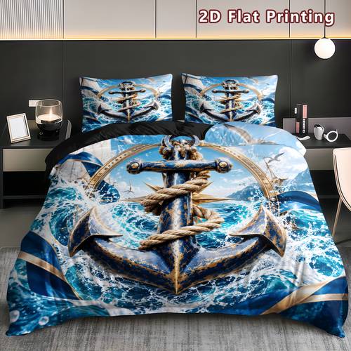 3 parça 2d düz denizci çapa nevresim takımı, vintage kıyı baskı, nefes alabilen polyester, tüm mevsimler i̇çin, makinede yıkanabilir, dijital baskı i̇şçiliği, yatak örtüsü dolgusuz (1 nevresim + 2 yastık kılıfı, i̇ç dolgu ve yorgan yok), 2d düz