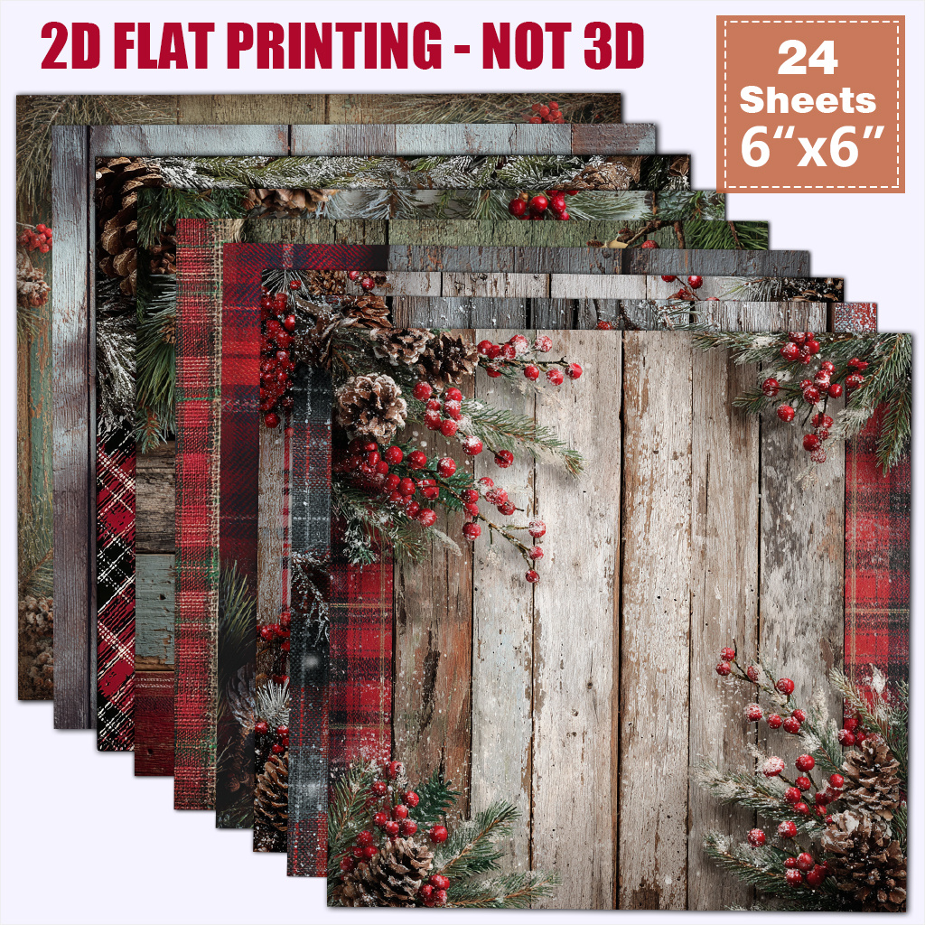 TEMU 2D PLAT MINI 24 stuks Uniek 6X6 Inch Retro Distressed Houten Plank Kerst Papier Pijnboom Rood Fruit Geblokt Gedrukt Uitsparing Dun Papier Junk